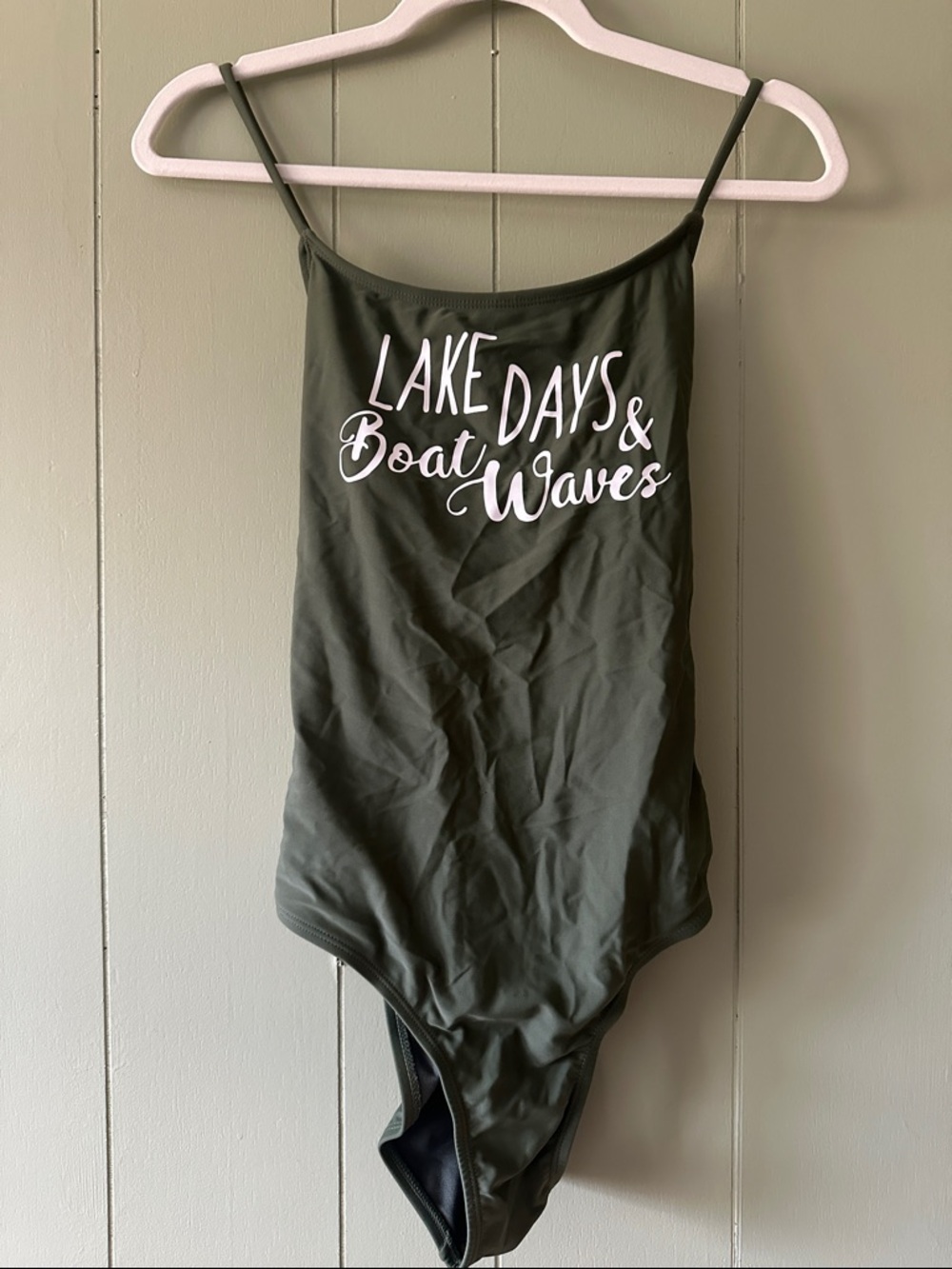 No Boundaries Olive Green One-Piece Swimsuit with White Script